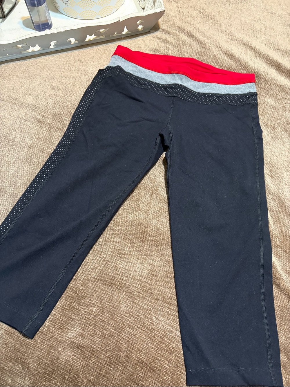 Women’s Bebe Sport Capri Leggings with Color-Block Waistband - Black/Red, Size M